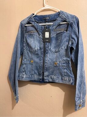 Fashion Nova Light Blue Distressed Denim Zip Jacket